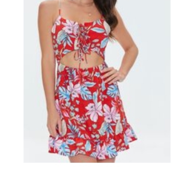 Forever 21 Dresses & Skirts - Women's, New Sz Large, Floral Woven Sexy Summer Sun Dress front Peekaboo, Tie Up